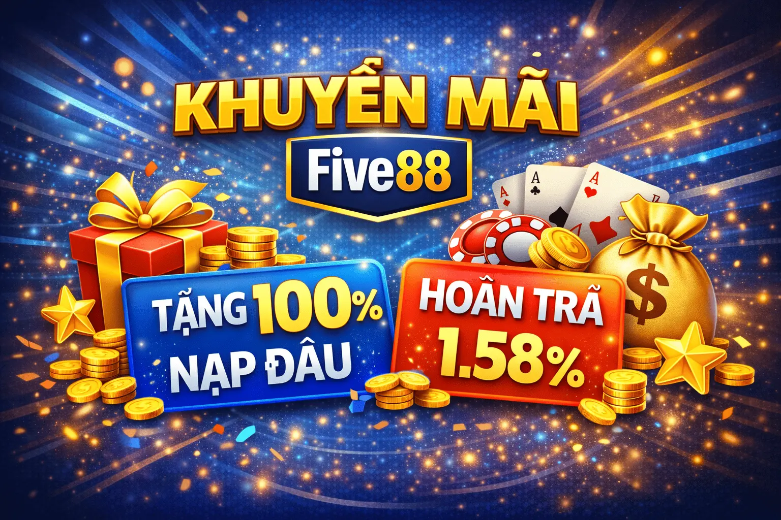 Khuyến Mãi Five88 - Tặng 100% nạp đầu và hoàn trả 1.58% không giới hạn cho cược thủ 2026